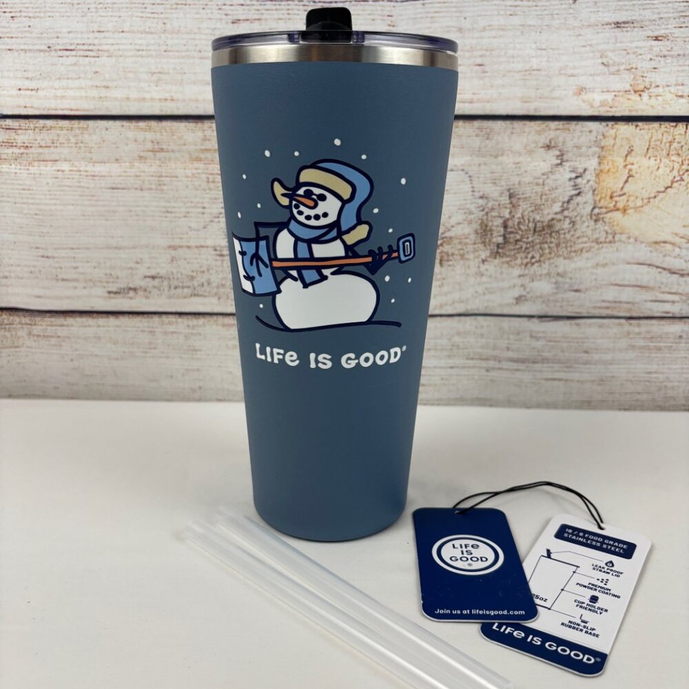 Life is Good Stainless Steel Tumbler 25 oz Jammin Snowman Slate Blue